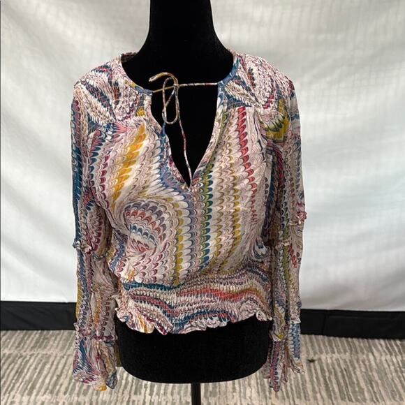 Anthropologie Pink and Purple Smocked Tie Front Blouse - Picture 1 of 4